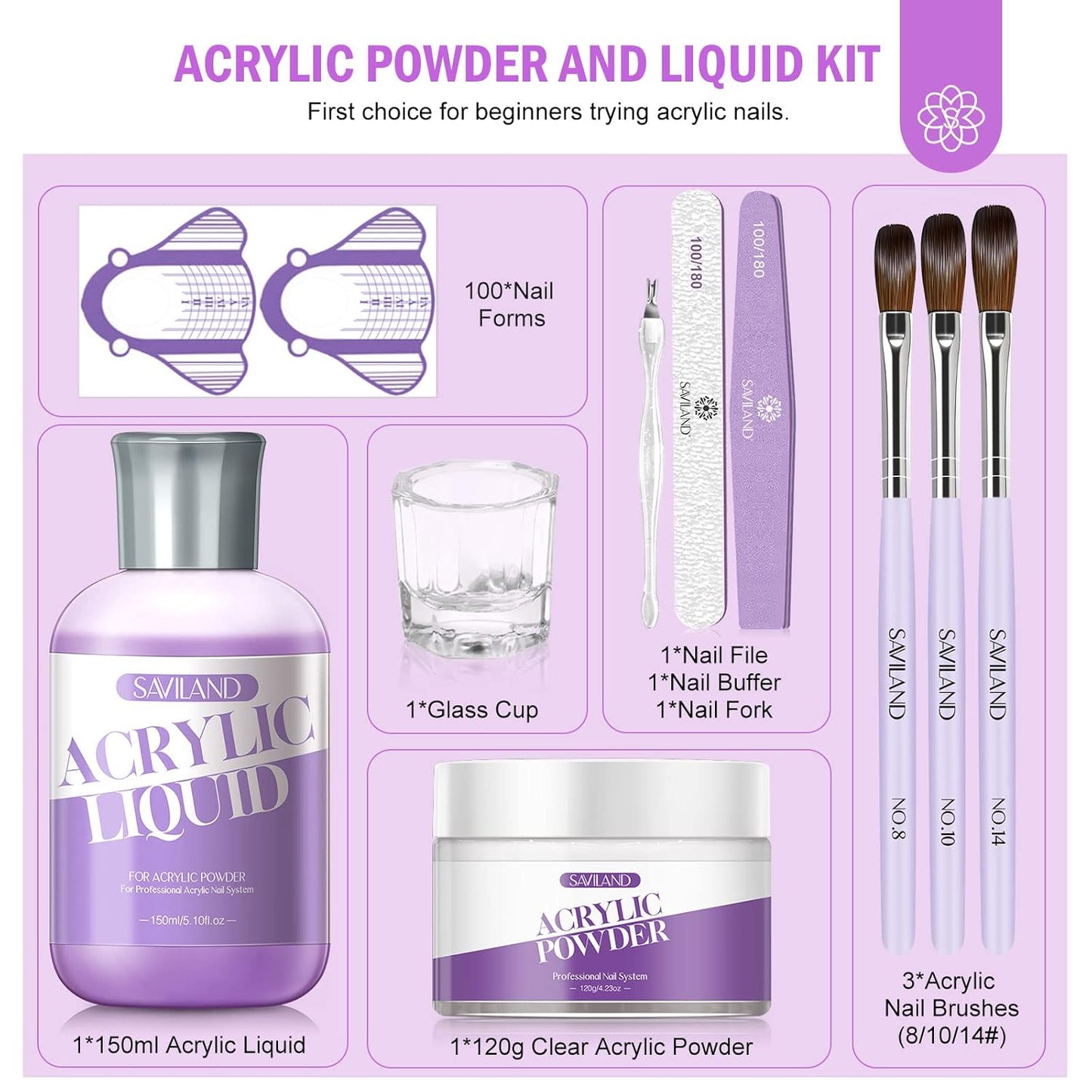 SAVILAND Acrylic Nail Starter Kit: 4oz Clear Acrylic Powder and 5oz Liquid Monomer Set with 100 Nail Forms Brushes for Manicure Extension 3D Carving Nail Set Kit for Beginners with Everything Home DIY