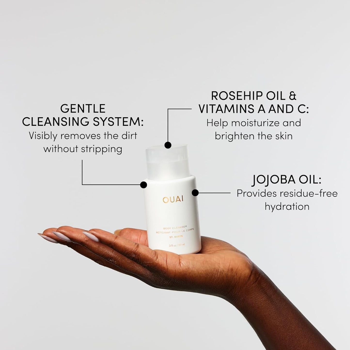 OUAI Body Cleanser, St. Barts Travel Size - Foaming Body Wash with Jojoba Oil & Rosehip Oil to Hydrate, Balance & Soften Skin - Paraben, Phthalate & Sulfate Free Skin Care Products (3 fl oz)