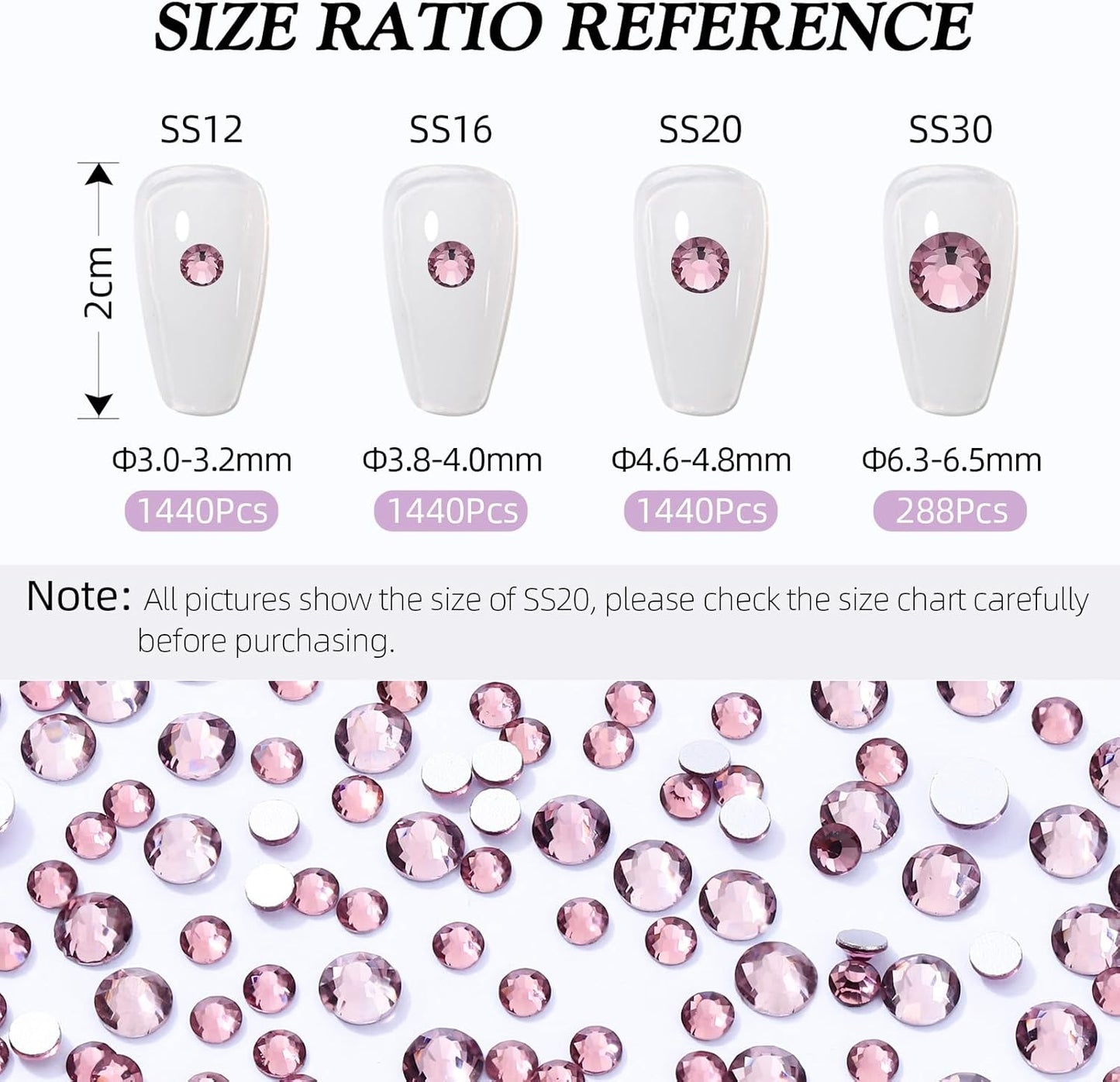 Light Amethyst Flatback Rhinestones, Glass Rhinestones for Nail Art and Craft, Glue Fix, Loose Crystal Gemstones(Lt.Amethyst, SS20, 1440pcs, 4.6-4.8mm)