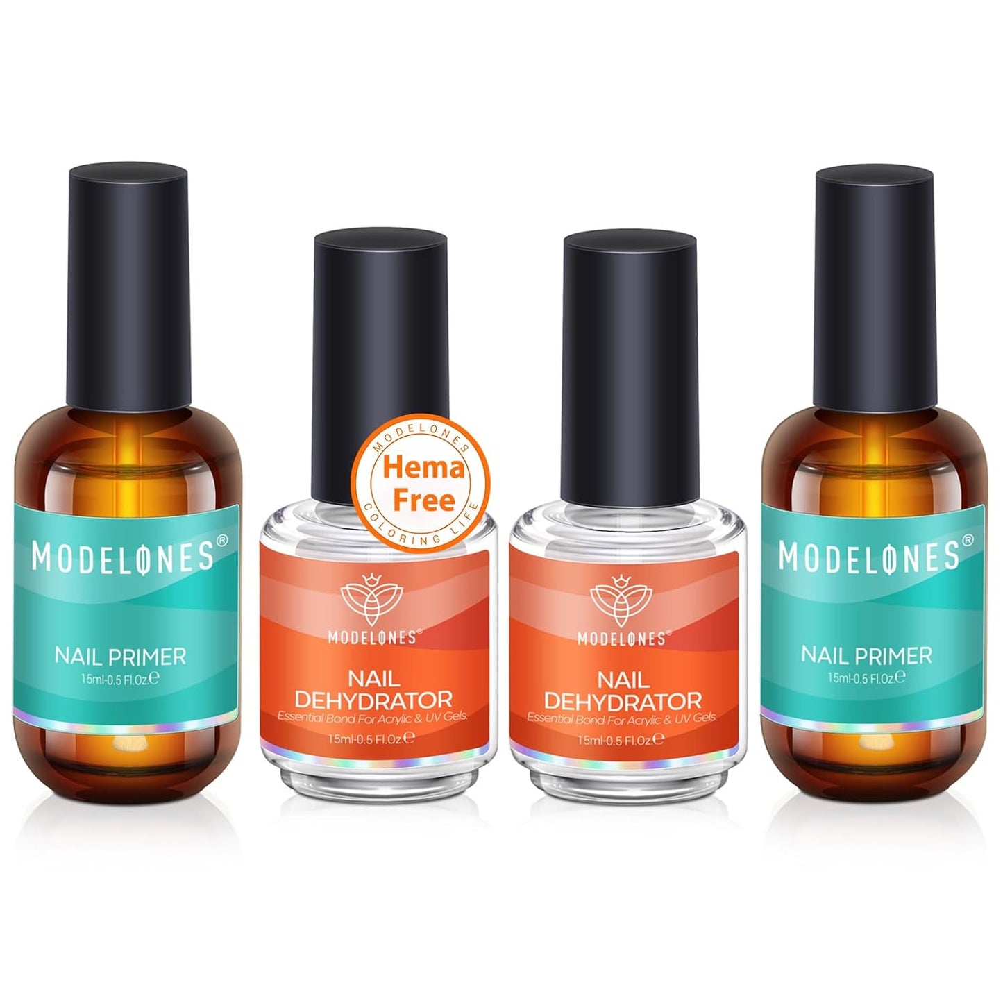 modelones 4 Pcs Nail Dehydrator and Primer, 15 ml Acid Free Natural Prep Dehydrate & Bond Primer Hema-Free Bonding for Nail Supplies