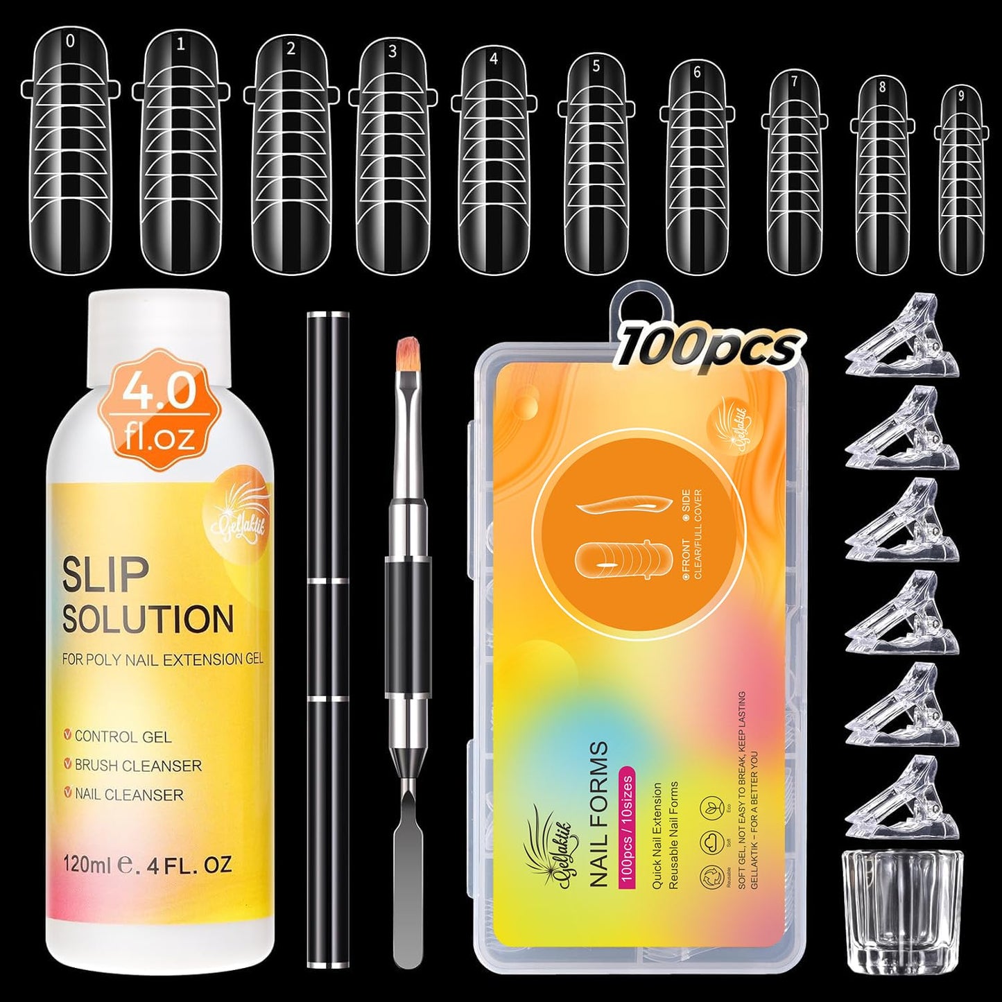 100Pcs Nail Forms Kit, 10 Sizes Reusable Dual nail Forms for Poly Gel & Builder Gel, 120ml Slip Solution Liquid, 6 Clips, Dual-Ended Brush, Nail Art Cup, DIY Pedicure Kit for Beginners