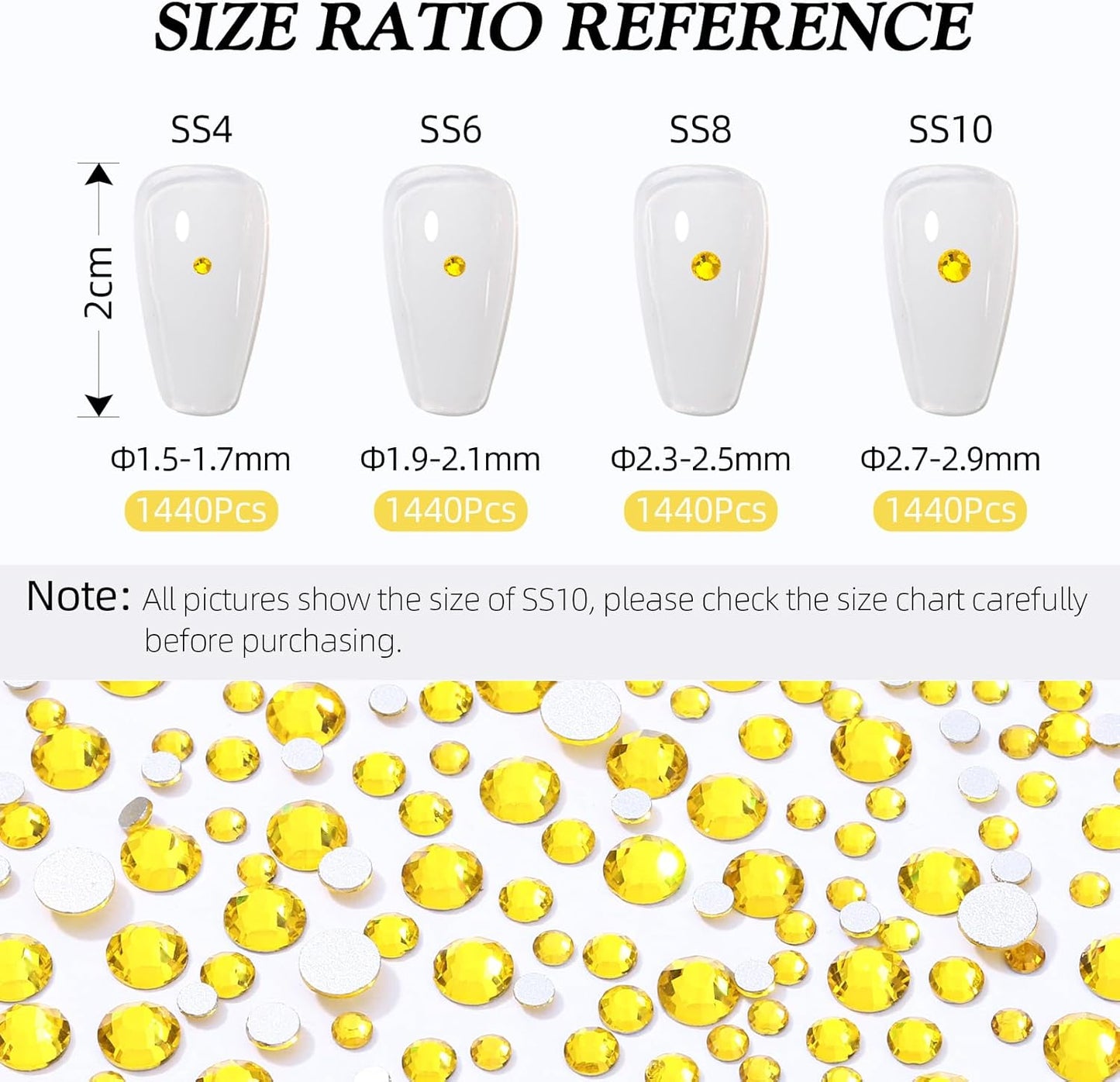 Yellow Flatback Rhinestones, Glass Rhinestones for Nail Art and Craft, Glue Fix, Loose Crystal Gemstones(Yellow, SS8, 2880pcs, 2.3-2.5mm)