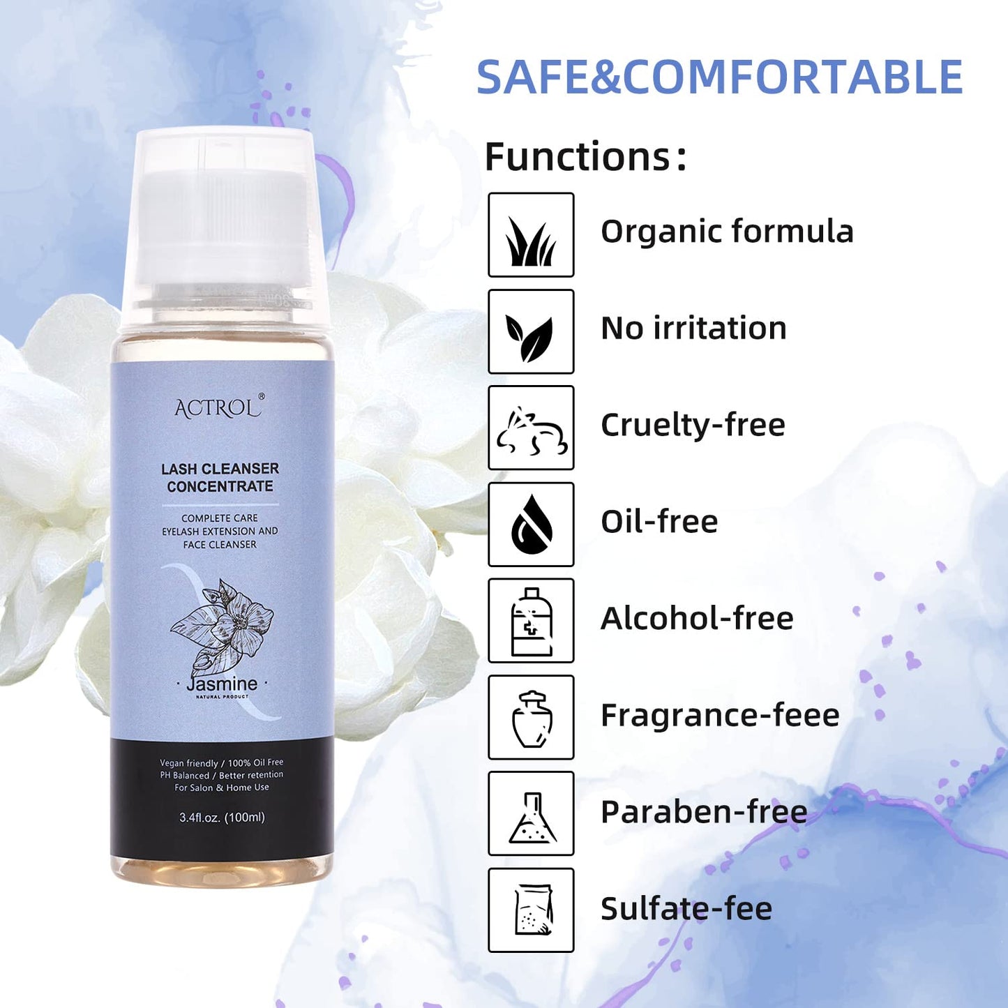 Eyelash Cleanser Concentrate 100ml Jasmine Professional Lash Shampoo Foaming Cleanser Paraben & Sulfate Free Non-lrritating Wash for Extensions Lashes with Salon Home Care-Makes 20 Bottles