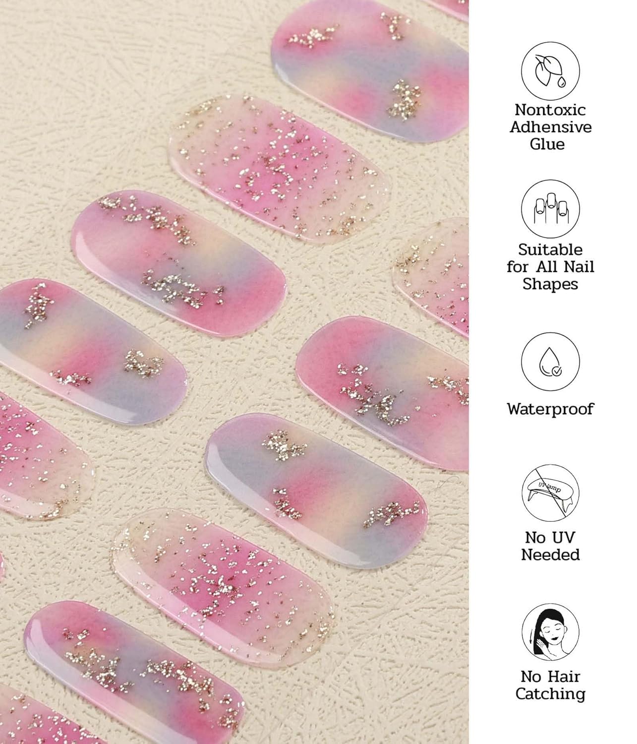 Nail Polish Strips - 22 Pcs Salon Quality Gel Nail Stickers - Long Lasting Wraps (Iridescent Jellfish Pink&Blue)