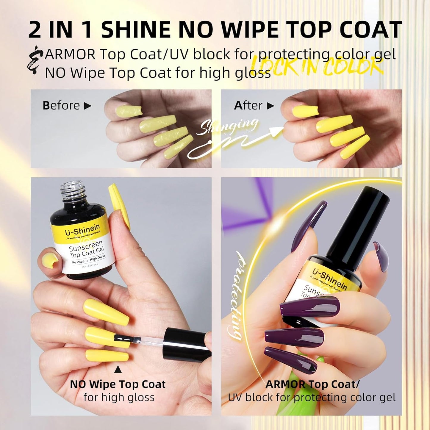 Shine UV Top Coat, 2 in 1 No Wipe Sunscreen Top Coat Gel, Glassy Clear Gel Keeps Nails From Yellowing or Staining, Requires UV Lamp