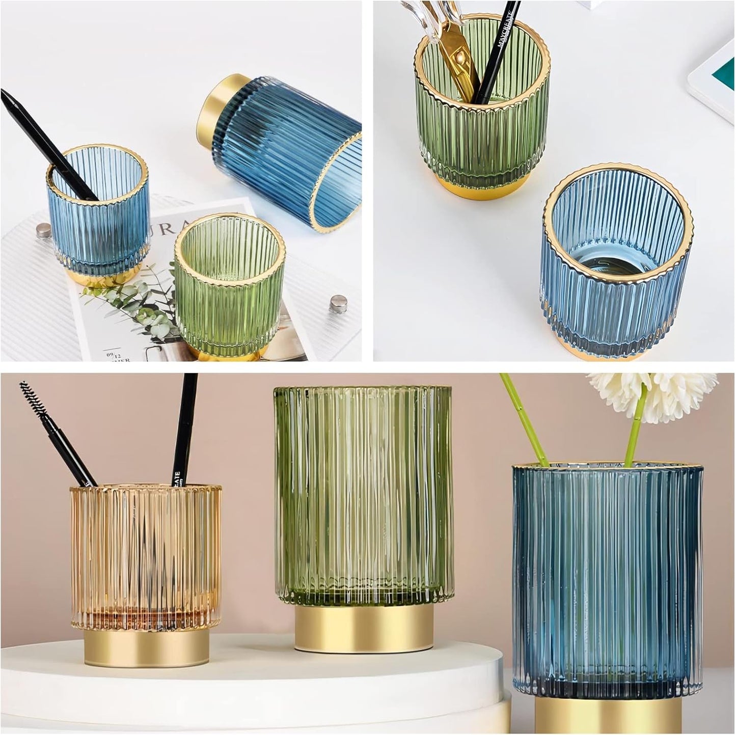 DASITON Makeup Brush holder Organizer,Crystal Cosmetic Makeup Brush Glass Brushes Storage Holder, Vintage Make Up Brush Cup Pen Pencil Holder striped vase(Blue L)