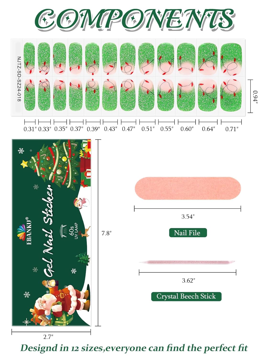 EBANKU 24pc Semi-Cured Gel Nail Strips, Waterproof Gel Nail Wrap Stickers with Christmas Lights Designs and File - UV/LED Lamp Required