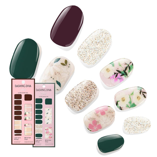 Dashing Diva Gloss Nail Strips Bundle - The Winter Florals Collection- Baby Bouquet & Magnolia Vine - UV Free, Chip Resistant, Long Lasting Gel Stickers - Contains 2 Sets