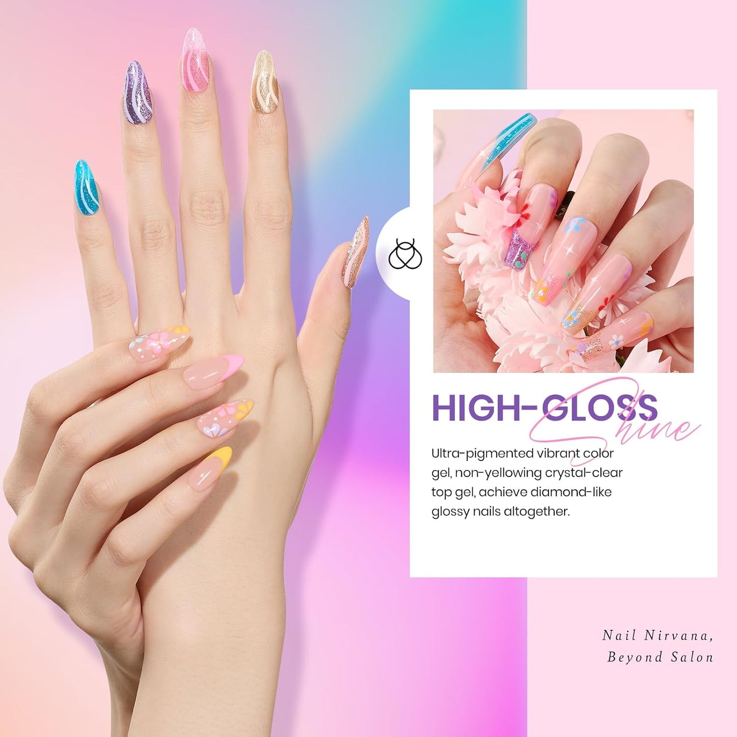 Beetles Rainbow Gel Polish Set, 20 Colors Glitter Pink Red Green Blue Bright Rainbow Collection Colorful Gel Polish Nails Sparkle Gel Base Glossy & Matte Top Coat UV Gel Gift for Women & Girls