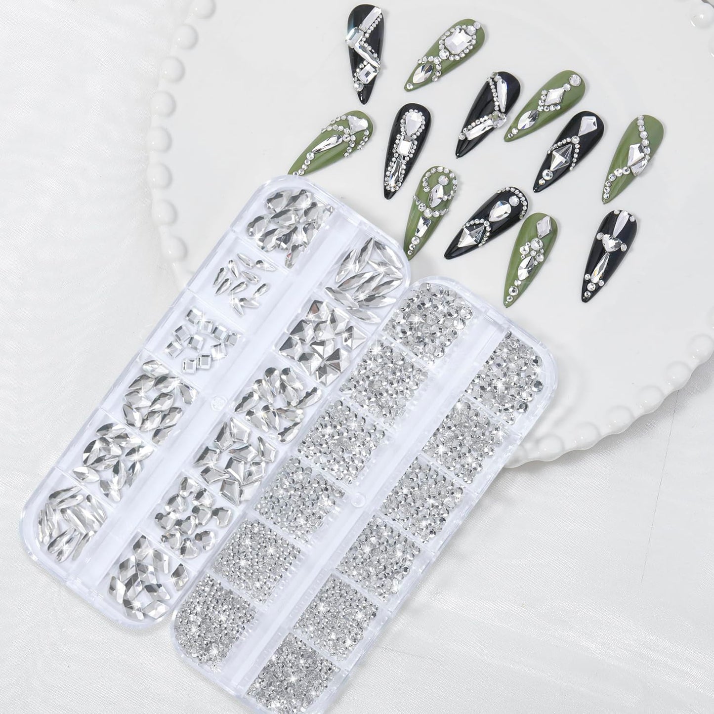 Nail Rhinestones - 3D Multi Shape Size, Flat Back, Manicure Rhinestones Charms, Crystals White Gems, with Kit, for Nail Art, Bedazzling Acrylic Nails, DIY Decor