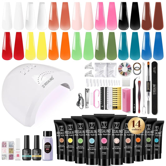 ROSALIND Colors Poly Nail Gel Kit, 14 ColorsPoly Nails Gel Starter Kits with Slip Solution 48W Nail Lamp Halloween All Seasons Classic Poly Extension Gels Nails Kit