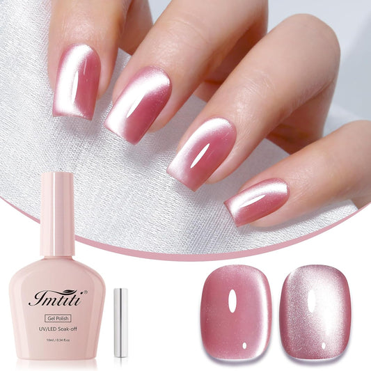 Imtiti Pink Cat Eye Gel Nail Polish, Moonlight Pink Holographic Crystal Diamond Glitter Magnetic UV Soak Off Gel Nail Polish with Magnetic Stick 1Pcs (0.34 Fl Oz-946)