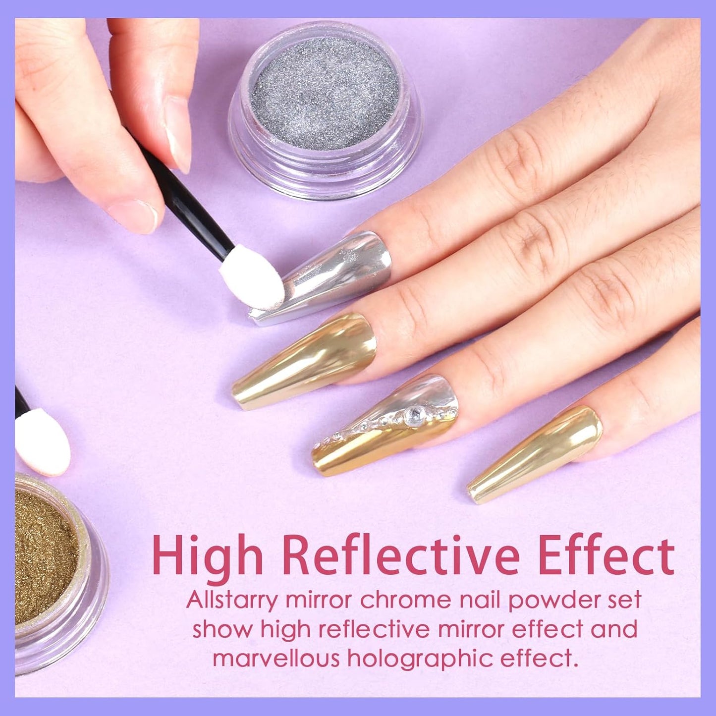 Allstarry Chrome Nail Powder Kit - 32 Colors Metallic Mirror Effect Holographic Manicure Pigment Glitter Powder for Nail Art Decoration Gel Polish with 32 Pcs Eyeshadow Sticks