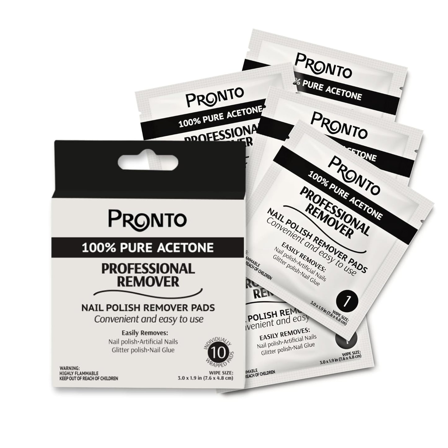 Pronto Acetone Nail Polish Remover Pads, 10 Pcs. Individually Wrapped Acetone Wipes, Pure Acetone Wipes Remover For Salon & Home - Quick Polish Nail Soak Pads