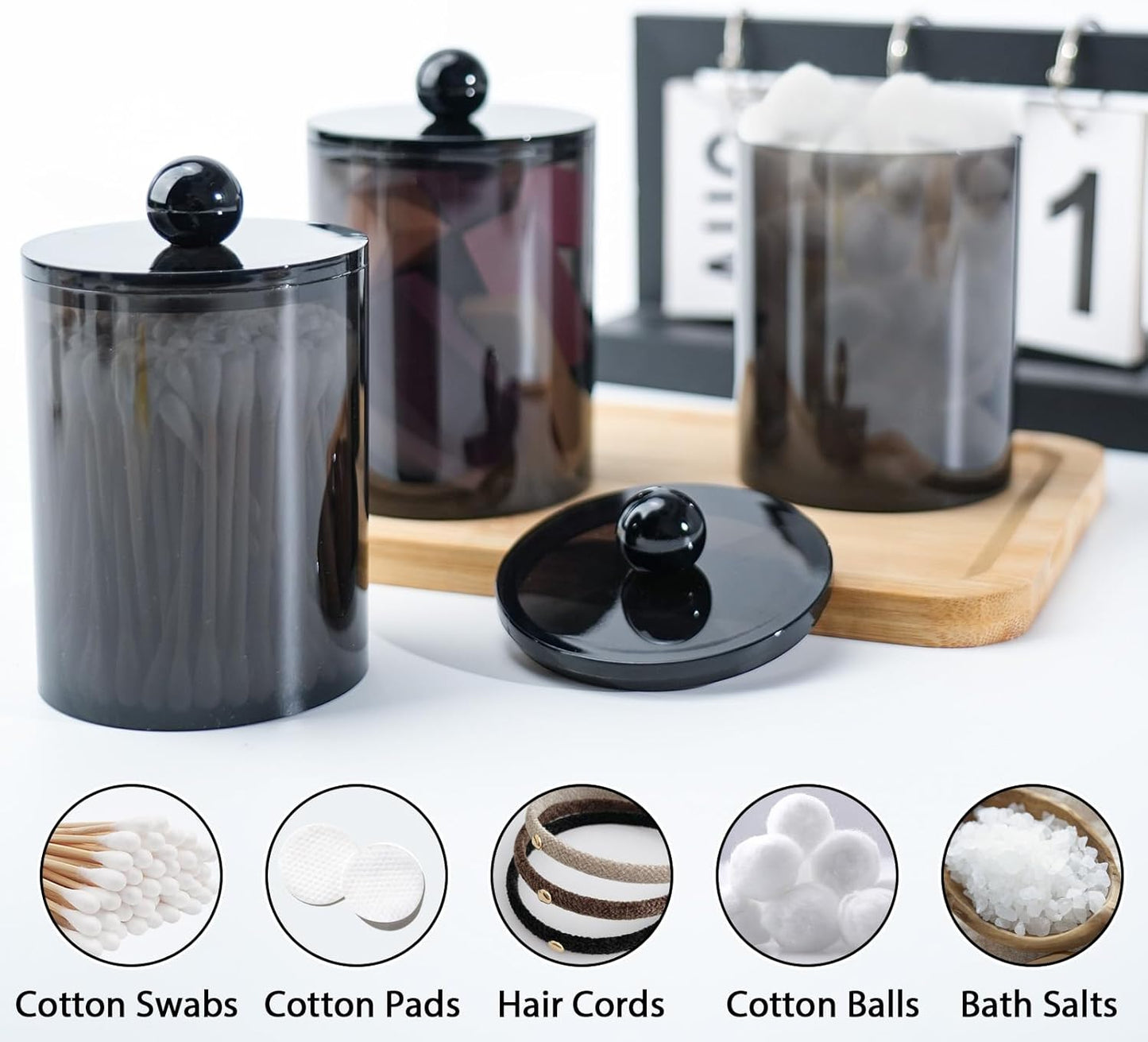 4 Pack Qtip Holder,Canister Apothecary Jar Set, Bathroom Jars with Lids Set for Cotton Swabs, Balls, Pads, Floss Picks,10oz-12oz Plastic Canisters Restroom Bedroom Vanity Organizer(Black)