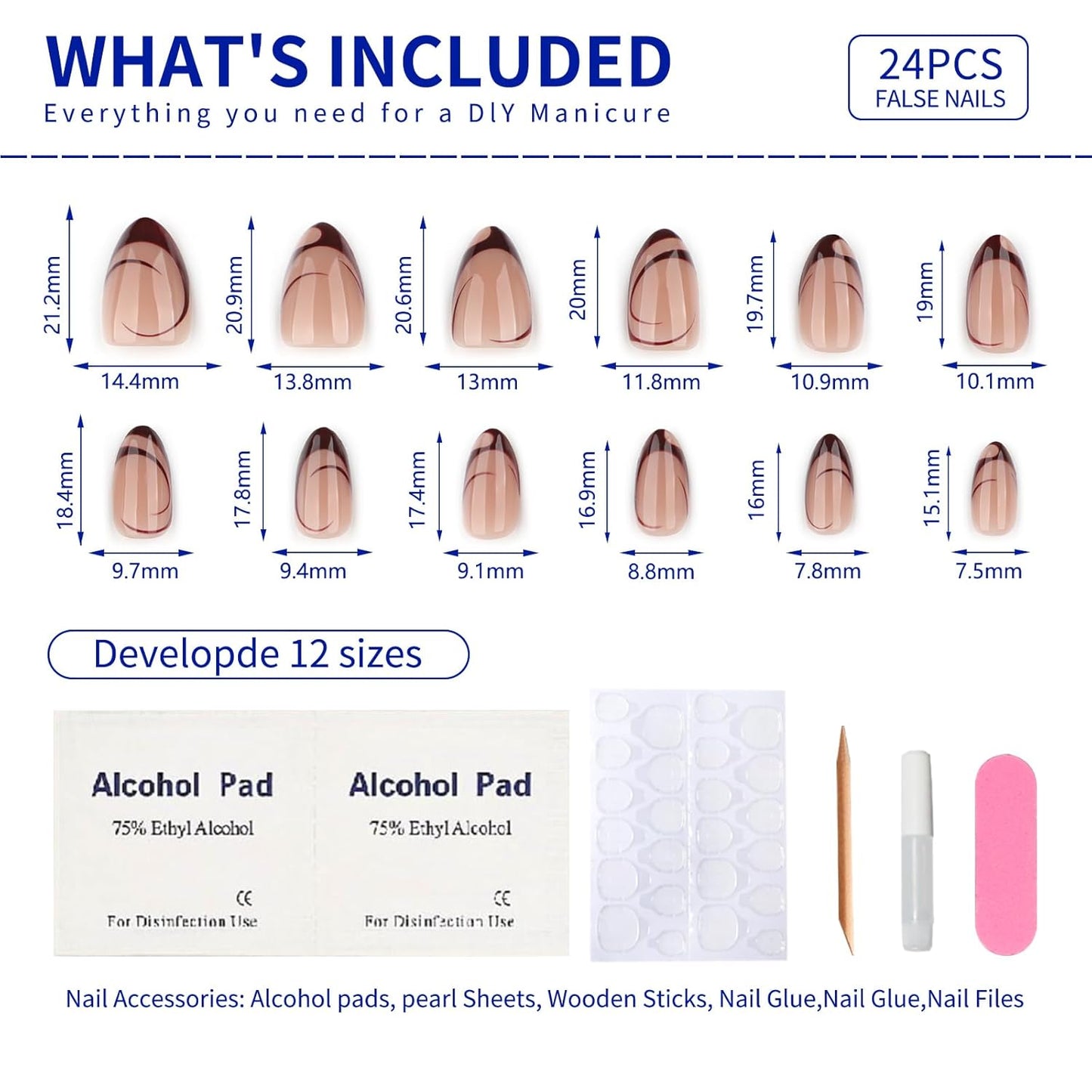Nude Almond Press on Nails Short, Fall French Fake Nails with Unique Elegant Shaped Burgundy French Tip Design, Glossy Finish Acrylic Nails, Natural Reusable Glue on Nails Kit for Women