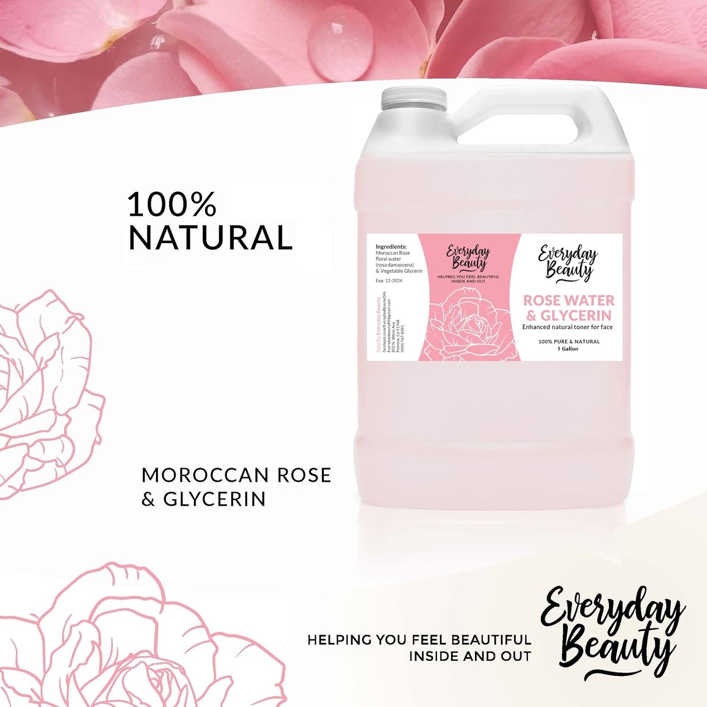 Rose Water & Glycerin Enhanced Facial Toner - 1 Gallon Bulk Alcohol-Free Vegan All Natural Refreshing for Face and Hair - Uplifts, Calming & Soothing for All Skin Types