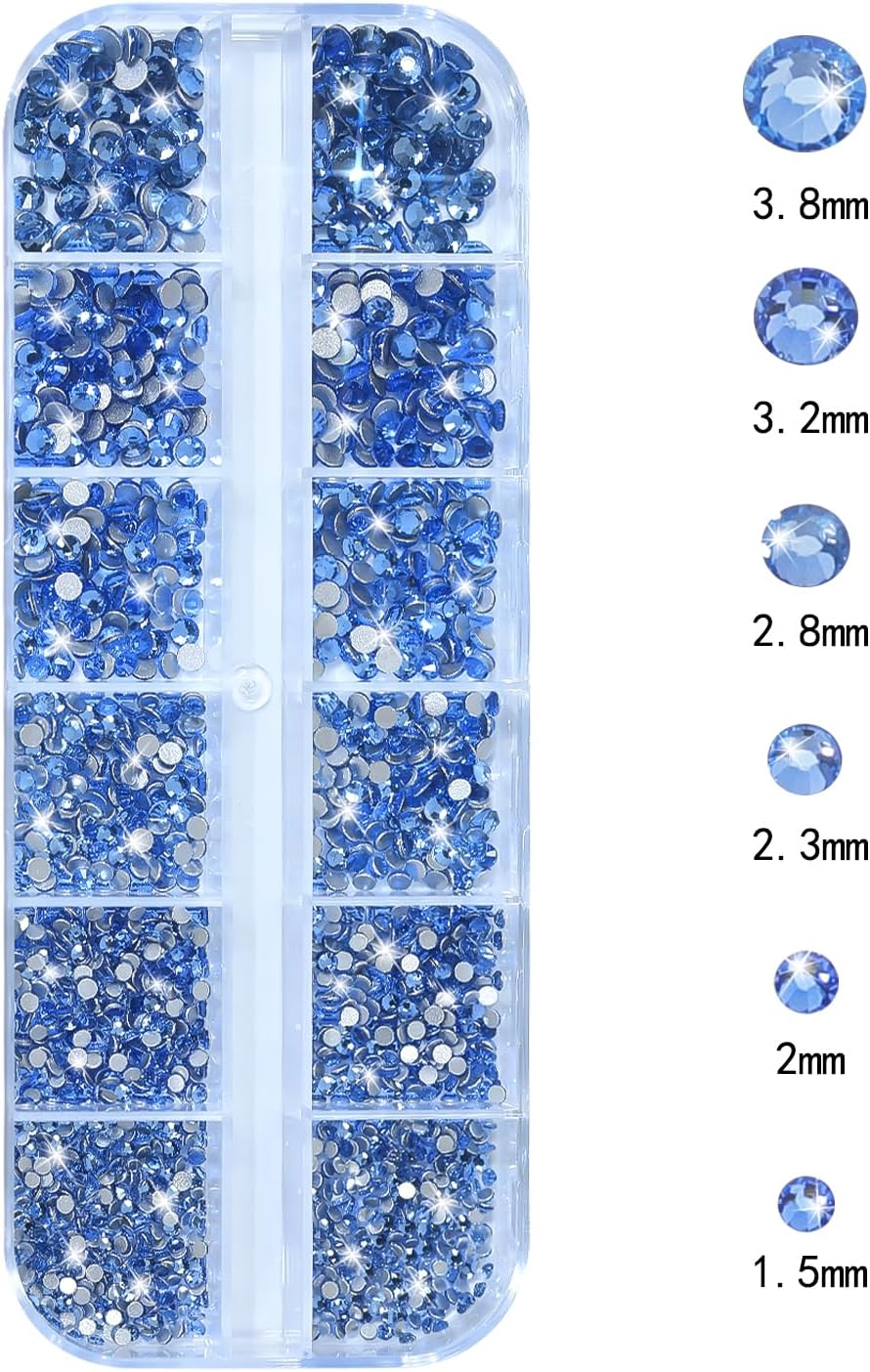Nail Rhinestones - 3D Multi Shape Size, Flat Back, Crystals Manicure Rhinestones Charms, Light Blue Nail Gems, with Kit, for Nail Art, Bedazzling Acrylic Nails, DIY Decor