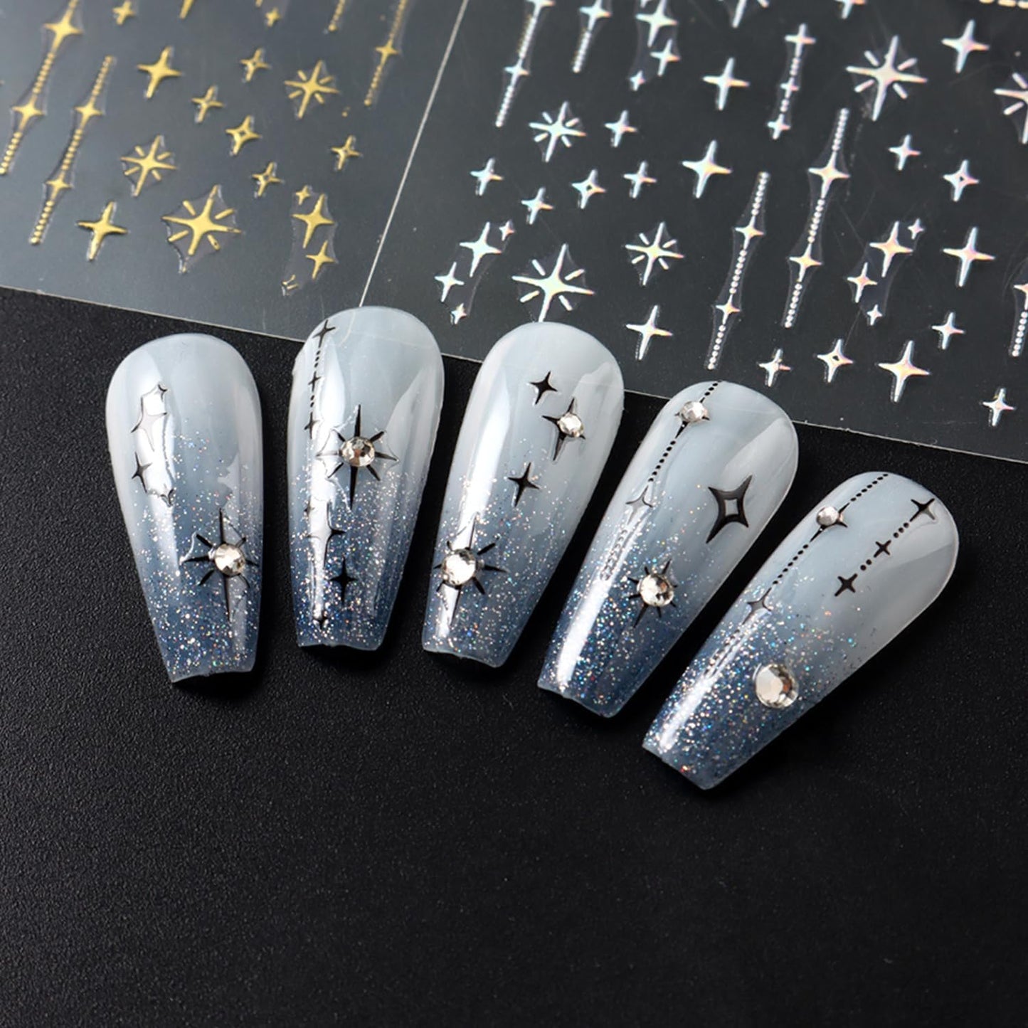 7 Sheets Star Lines Nail Art Stickers Decals Gold Silver Black White Nails Stickers for Nail Art Self-Adhesive Moon Nail Decals