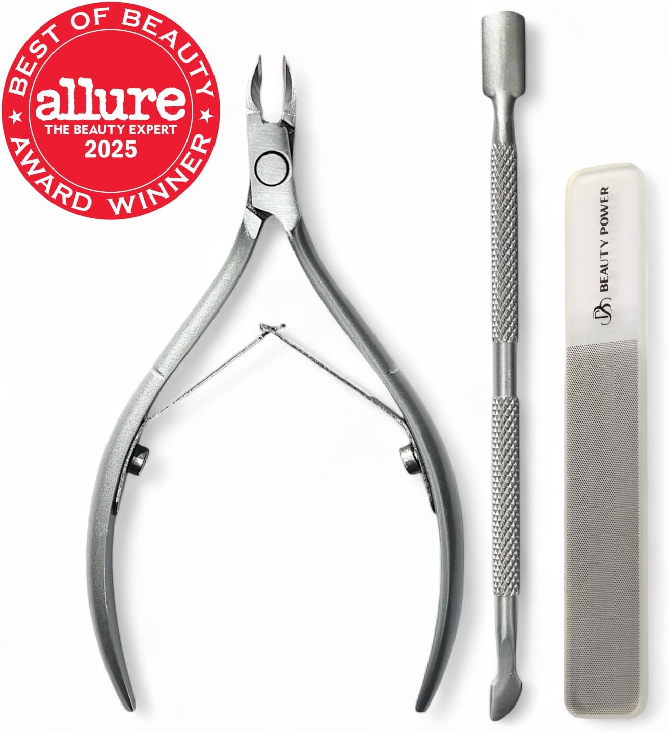 Manicure Pedicure Set 7-in-1 Stainless Steel, Ultra Sharp, Slanted Nail Clipper, Fingernail Clipper, Cuticle Nipper, Glass Nail File, Eyebrow Tweezers, Scissors, Case – Gift (Matte Gray)