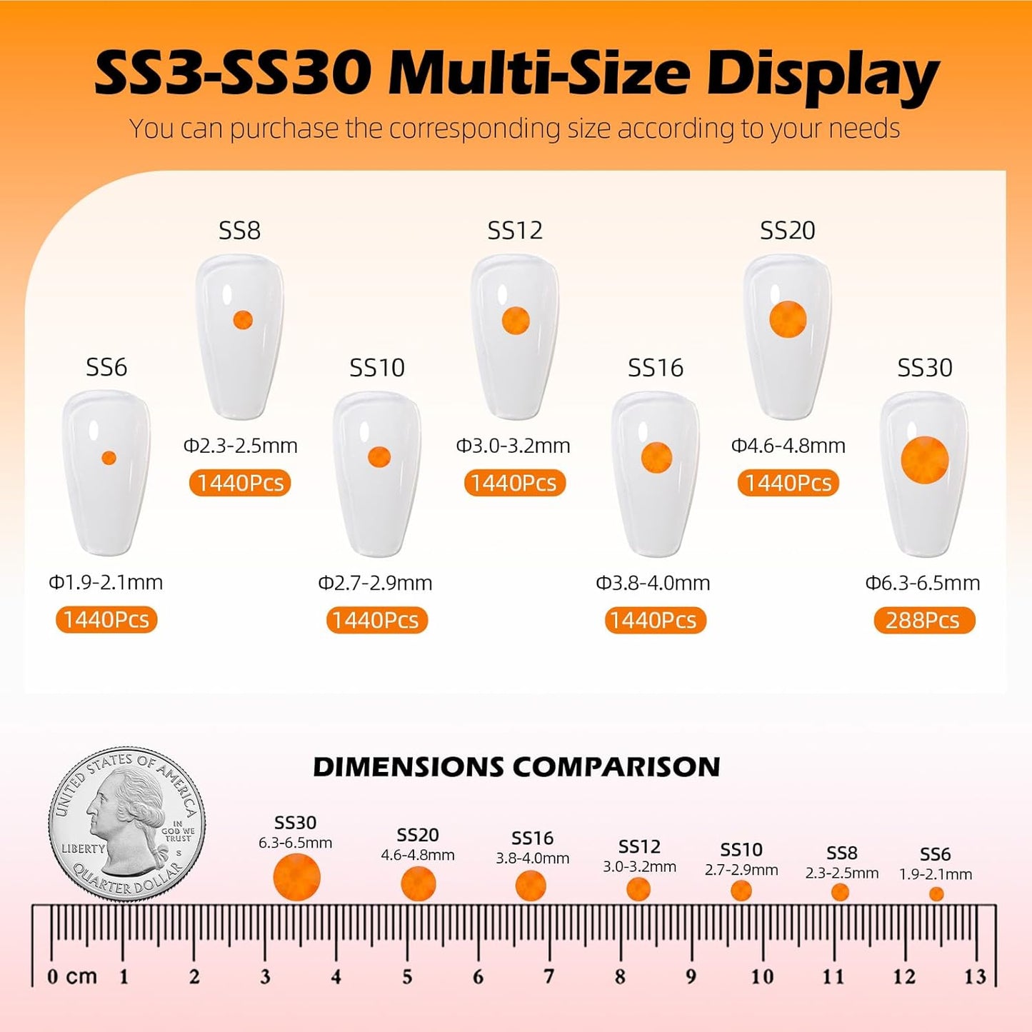 Neon Orange Flatback Rhinestones, Glass Rhinestones for Nail Art and Craft, Glue Fix, Loose Crystal Gemstones(Neon Orange, SS16, 1440pcs, 3.8-4.0mm)