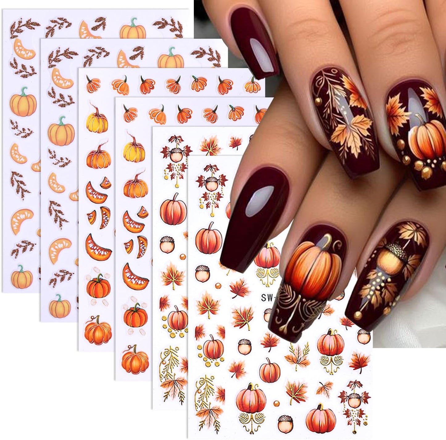 Pumpkin Nail Stickers Fall Nail Decals Maple Nail Art Stickers Glitter Leaves Nut Orange Design Thanksgiving Fall Nail Sticker for Nail Art 3D Self Adhesive for Women DIY Holiday Manicure Supplies