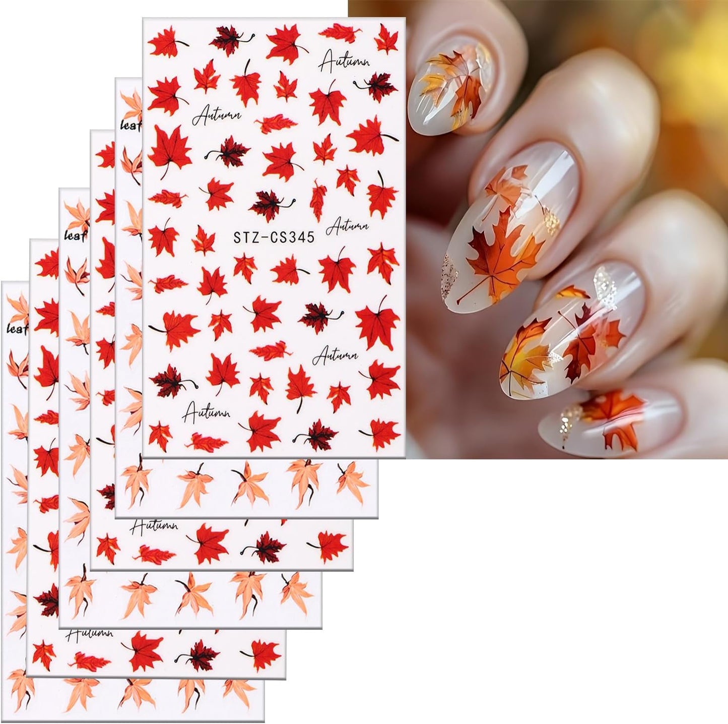 6 Sheets Thanksgiving Day Nail Art Stickers 3D Self -Adhesive Fall Red Maple Leaf Nail Decals Holographic Autumn Maple Leaf Letter Nail Stickers Festival Nail Decoration for Women Manicure Supplies