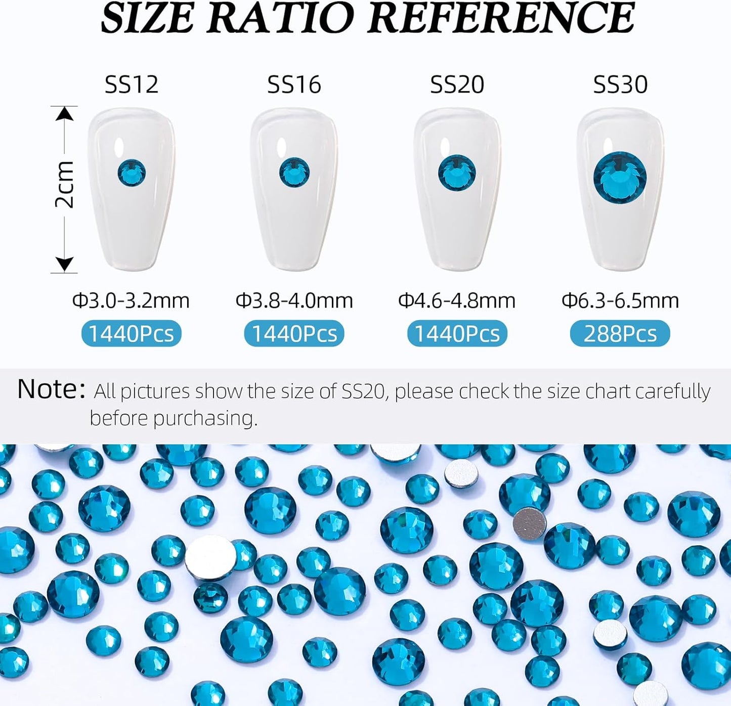 Malachite Blue Flatback Rhinestones, Glass Rhinestones for Nail Art and Craft, Glue Fix, Loose Crystal Gemstones(Malachite Blue, SS20, 1440pcs, 4.6-4.8mm)