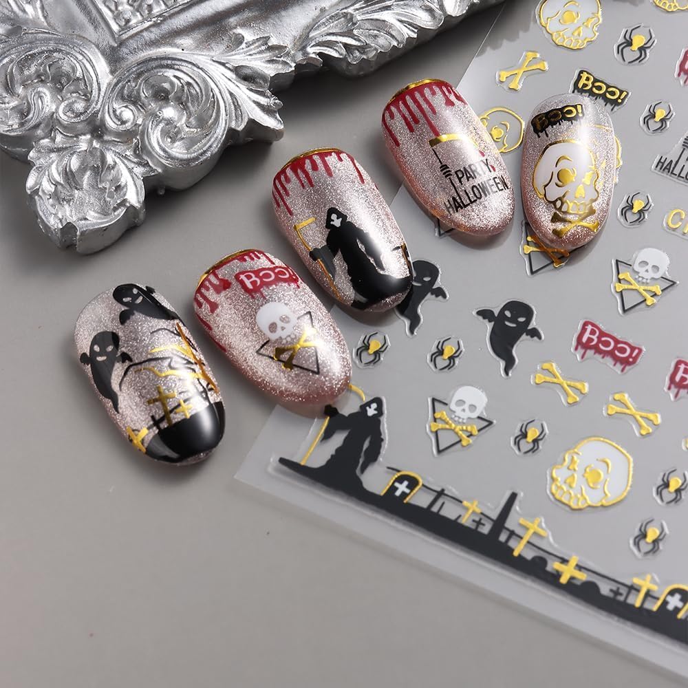 8Pcs Halloween Nail Stickers Spider Web Nail Decals Gold DIY Self Adhesive Ghost Cobweb Nail Design Halloween Nail Decoration Supplies Holiday Manicure Accessories for Women Girls
