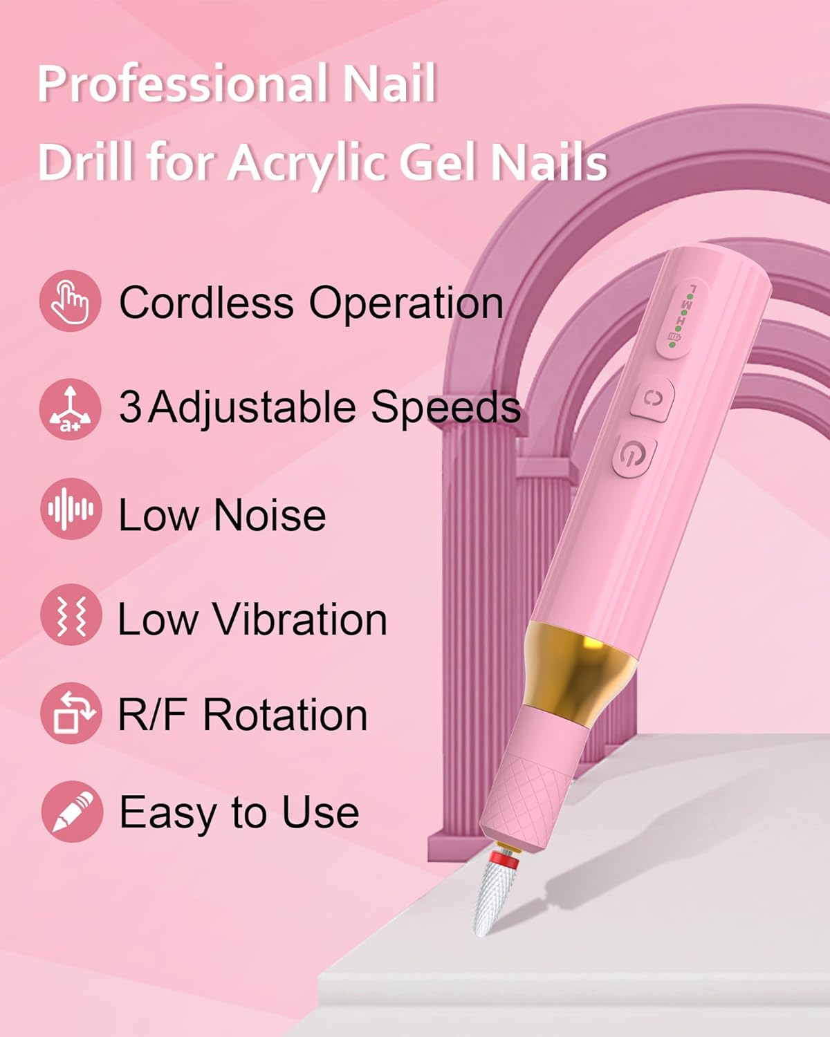 Electric Cordless Nail Drill Portable Nail Drill Machine for Gel Acrylic Nails, Rechargeable Nail File for Home Salon Electric Nail File Pink