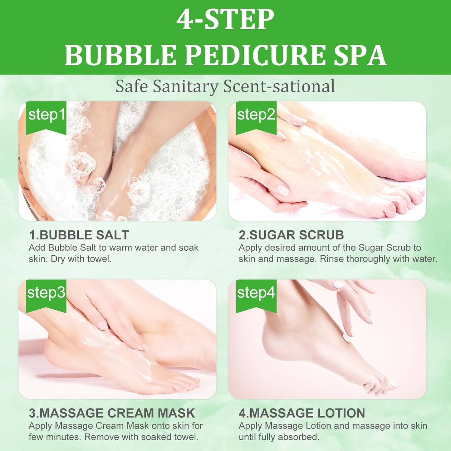 Pedicure Kit Foot Soak Set: Bubble Salt, Sugar Scrub, Massage Mask, Massage Lotion in a Box, 4 Step Foot Spa Kit for Dry Feet, Calluses and Tired Feet(3 Set Lemon)