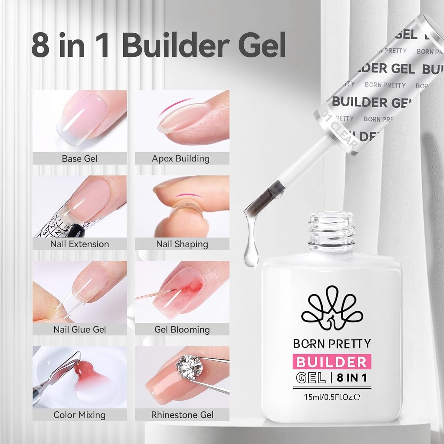 Born Pretty Builder Gel for Nails 8-in-1，15ML Clear and Cover Pink Builder Nail Gel Set, Transparent Extension Gel Rhinestone Glue for Nail Art Base Gel, LED Nail Lamp Cured Hard Gel Builder
