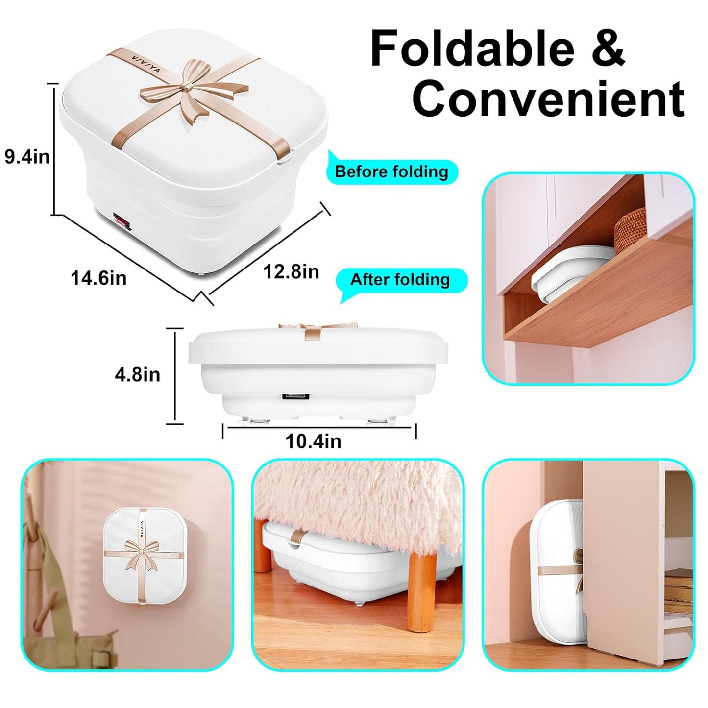 Collapsible Foot Bath Spa with heat and Massage Rollers, Foldable Foot Soak Tub with Bubbles Jets and LED light, Pedicure Foot Spa Massager with Foot Scrubber for Home Use (White)