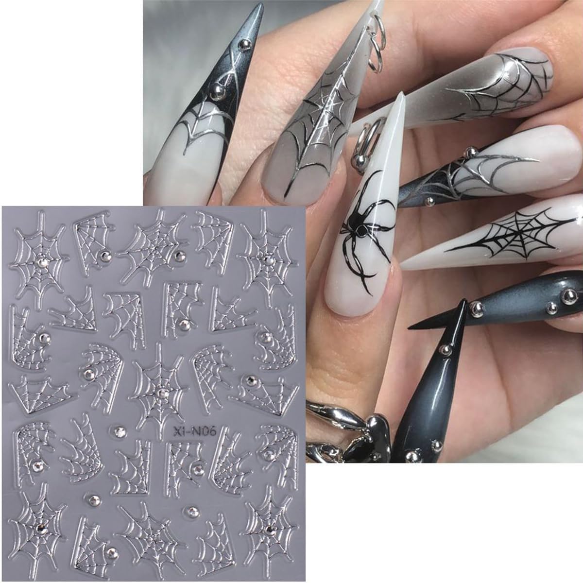 Glitter Halloween Nail Stickers for Nail Art Decoration 8Pcs Funny Spider Web Nail Art Stickers with Rhinestones Nail Design Supplies Gold Silver Blood Rose Star Spider Nail Decals for Halloween Nails