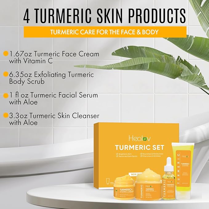 Turmeric Skincare Set - Turmeric Skin Care Products Brightening & Acne - Turmeric Skin Care Kit, Turmeric Skin Care Set - Turmeric Cleanser, Body Scrub, Face Cream & Facial Serum