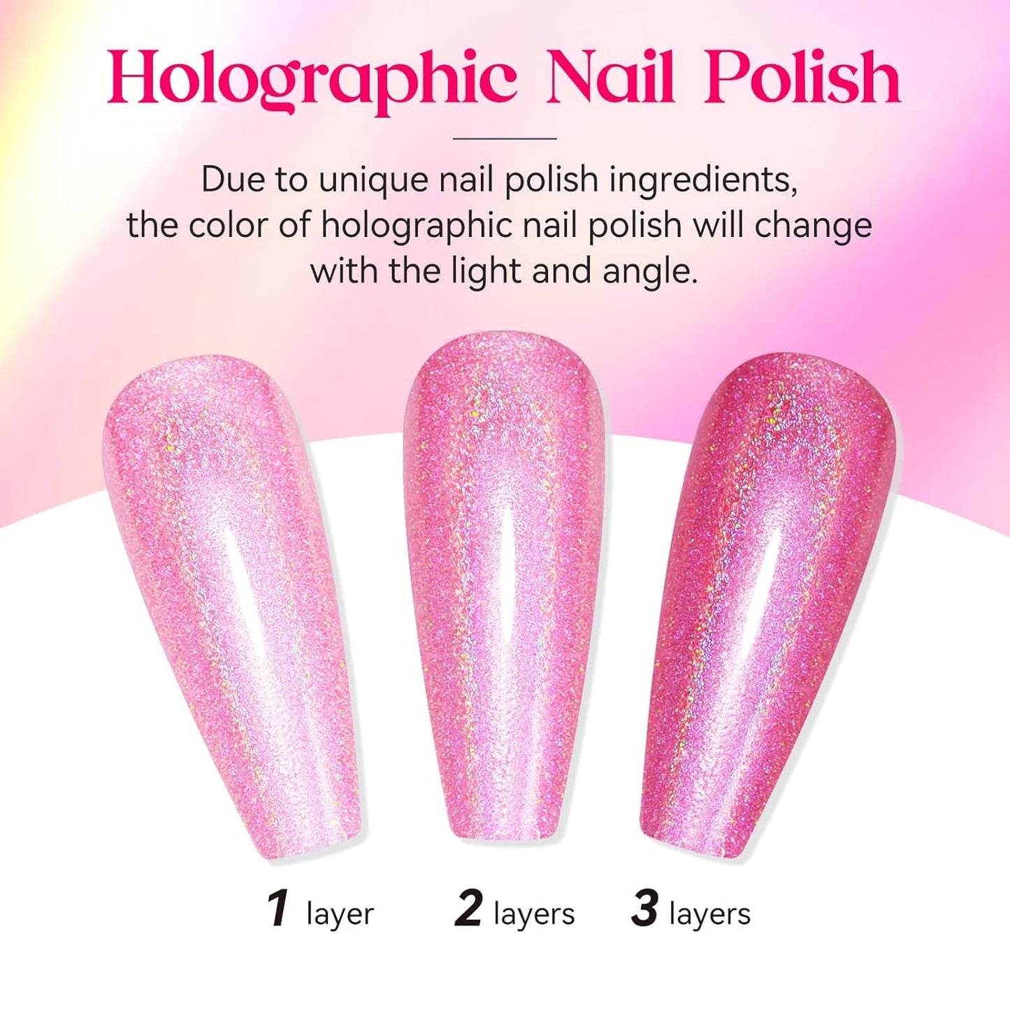 MIZHSE Holographic Nail Polish, Pink Glitter Nail Polish Air Dry Fast, 15 ml High Glossy Shimmer Nail Pigment Oil-based Laser Iridescent Nail Lacquer Chrome Halo Nail Art Salon Manicure Home