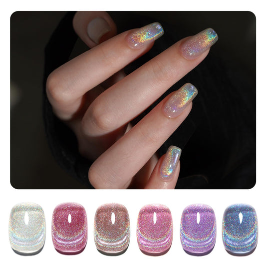 GAOY Rainbow Glitter Cat Eye Gel Nail Polish Set, 6 Holographic Sparkle Colors for Nail Art DIY Manicure and Pedicure at Home