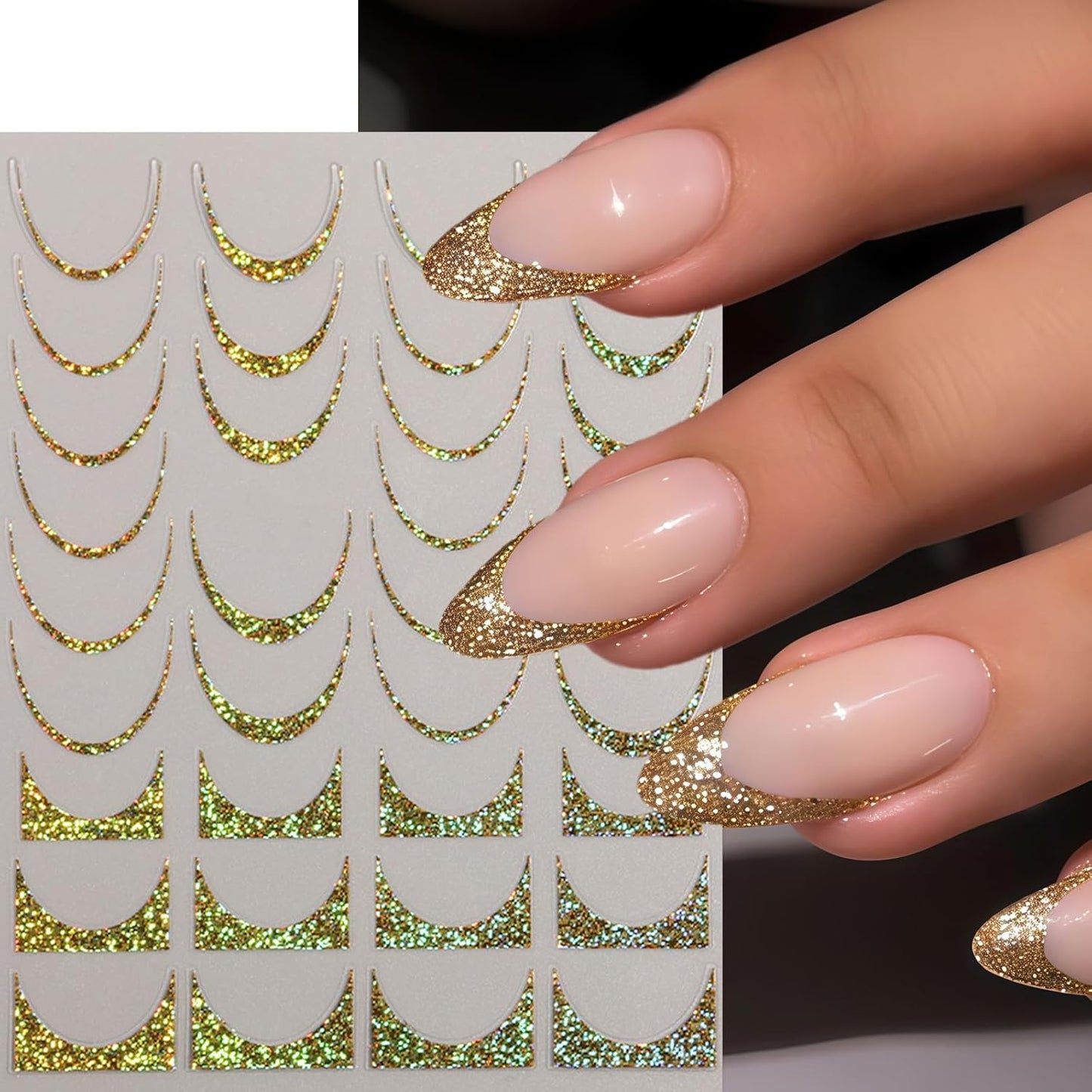 8 Sheets French Tip Nail Art Stickers 3D Self-Adhesive Gold Laser Stripes French Line Transfer Decals Curved Lines Nail Art Designs Glitter Guides Stripe Manicure Accessories for Women DIY Nail Decor