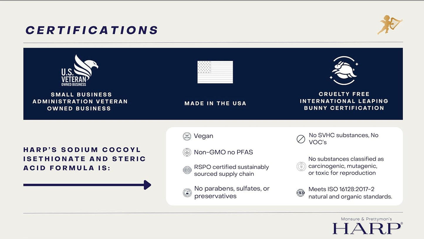 HARP pH-Balanced (5.0-6.0) Exfoliating Body Wash Bar - FRAGRANCE FREE. Bamboo Powder Exfoliation -the perfect consistency. Soap/Lye/Preservative/Dye/Masking agent-Free. Non-comedogenic.