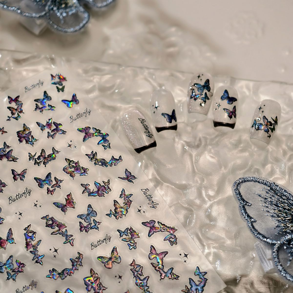 Butterfly Nail Art Stickers Holographic Nails Decals 5D Embossed Nail Sticker for Nails Art Dark Nail Stickers with Design for Women Girls Kid Manicure Supply Decoration Accessories