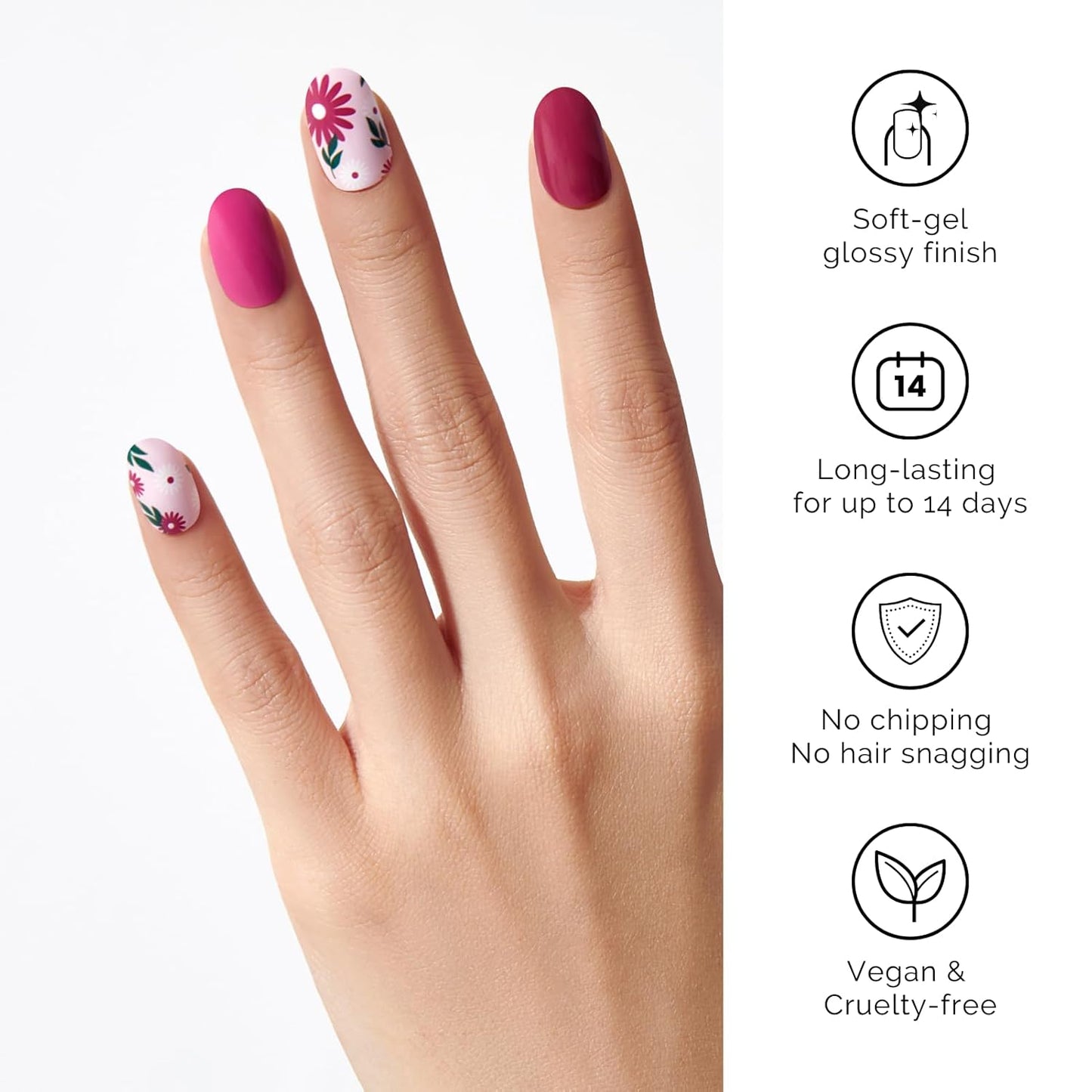 Semi Cured Gel Nail Strips - NAILOG 34 Pcs Floral Nail Stickers Long Wraps with Glossy Gel Finishing for Autumn, in The Meadow