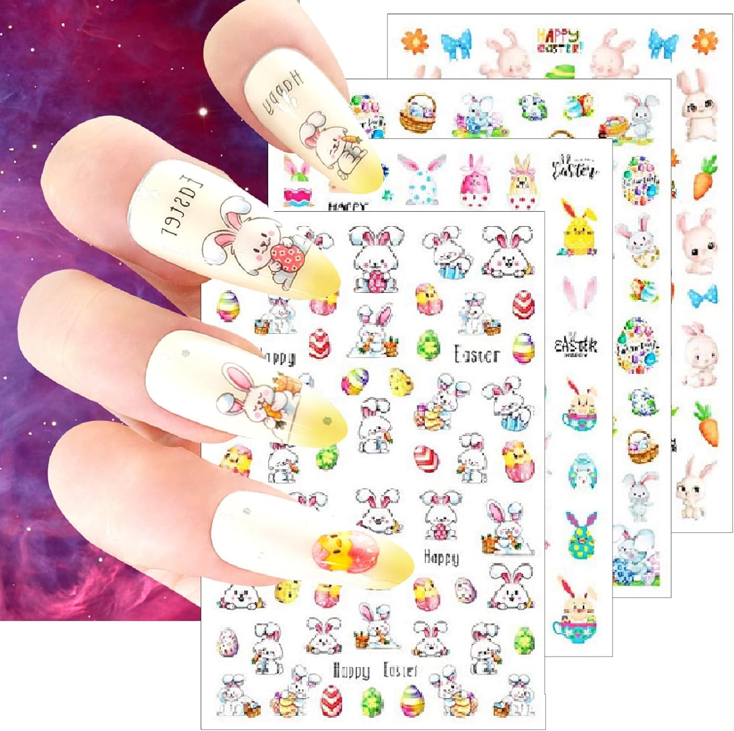 12 Sheets Easter Nail Art Stickers 3D Self-Adhesive Cute Bunny Nail Stickers Colorful Rabbit Eggs Carrot Design Carrot Nail Decals Easter Nail Supplies for Women Girls DIY Nail Art Decorations