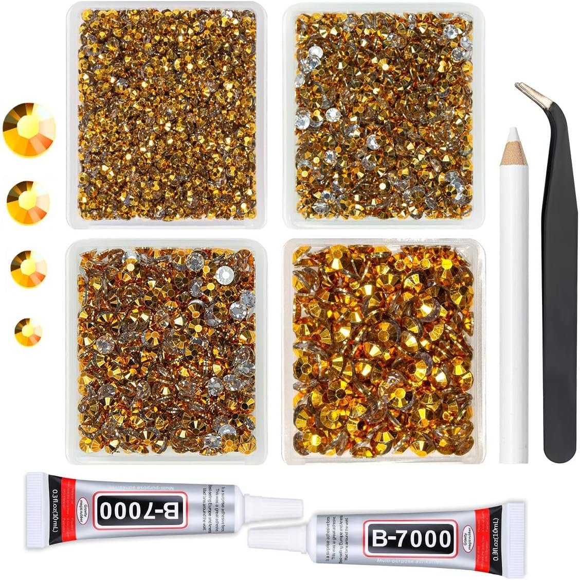 Bright Gold Resin Rhinestones w B7000 Jewelry Glue for Bedazzling Crafting 3mm 4mm 5mm 6mm Golden Flatback Jelly Stones Bulk Diamonds Gems Charms for Nails Face Eyes Makeup Tumblers DIY Crafts