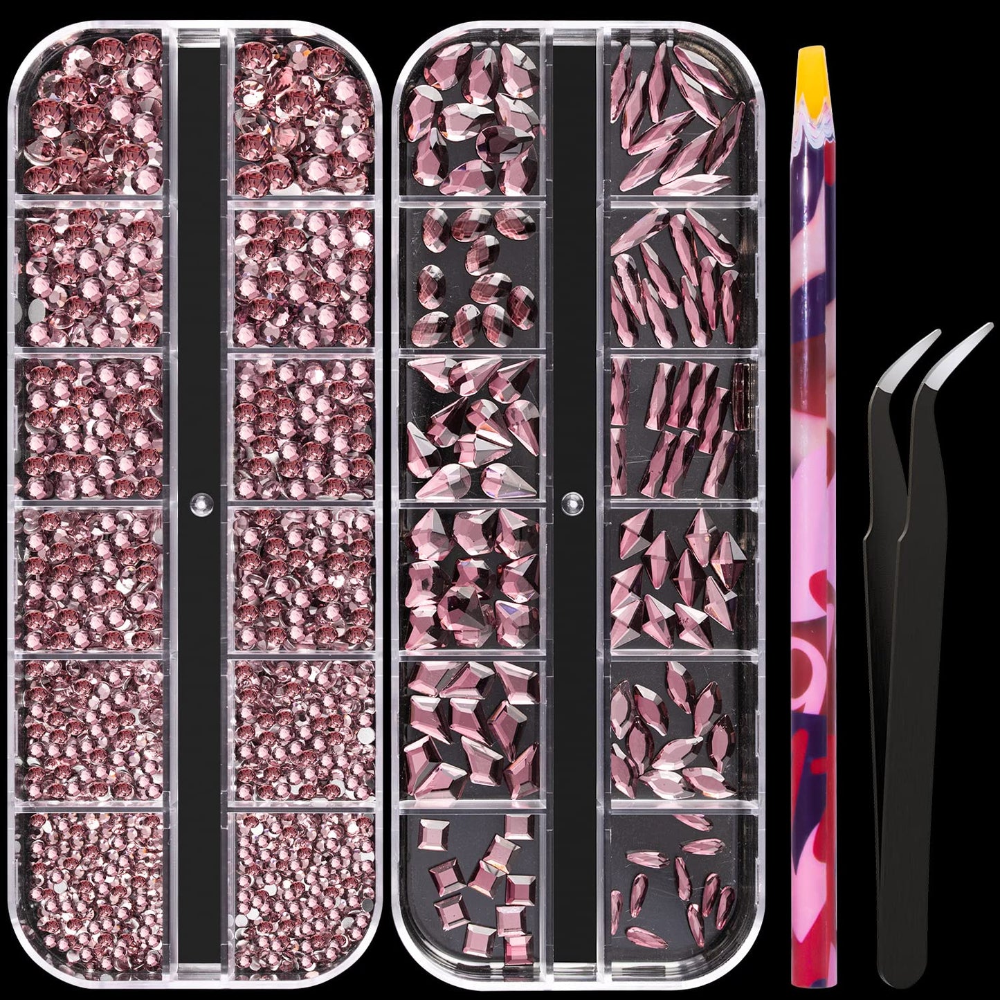 Multi Shapes Light Purple 3D Glass Crystal Nail Art Rhinestones Kit with Flatback Round Bead Charm Gem Stone Jewelry Diamond with Pickup Pen + Tweezer for Manicure Makeup DIY Craft Decoration