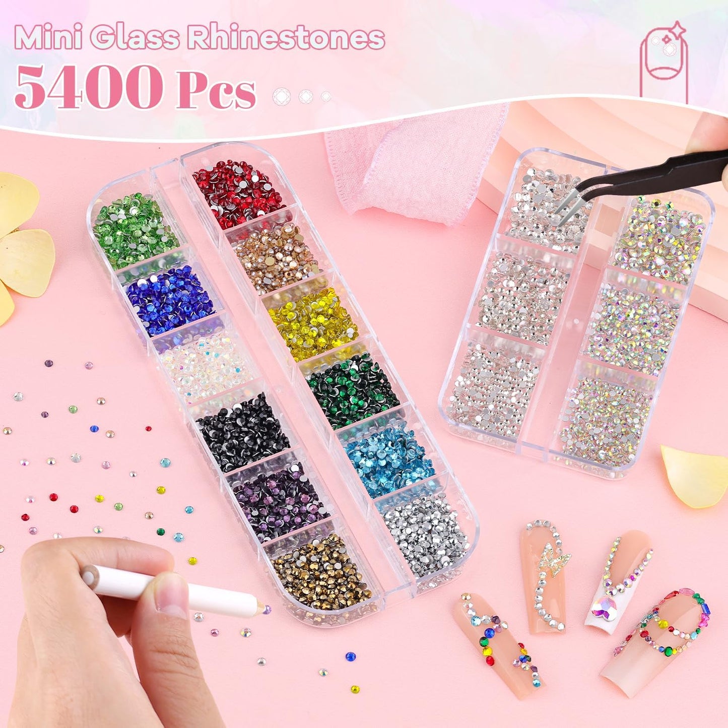 5400Pcs Glass Crystal Small Rhinestones for Nail Art, Tiny AB Clear Colorful Rhinestone Flatback Bedazzling Gems, Nail Rhinestones and Gems Crystals Charms for Acrylic Tips Manicure Decor