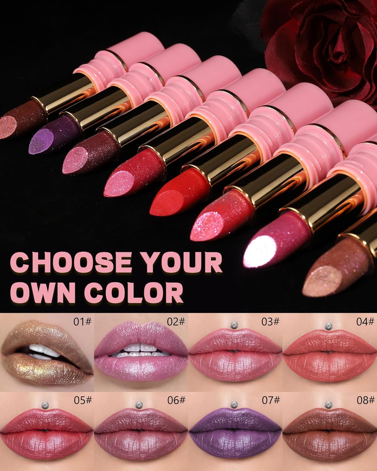 Metallic Nude Pink Glitter Lipstick Long Lasting,Glitter Lipstick Diamond Shimmer Lip Gloss for Women,Transfer Proof Non-Stick Lipgloss Highly Pigmented Full Coverage Red Lip Color Makeup Gift-02