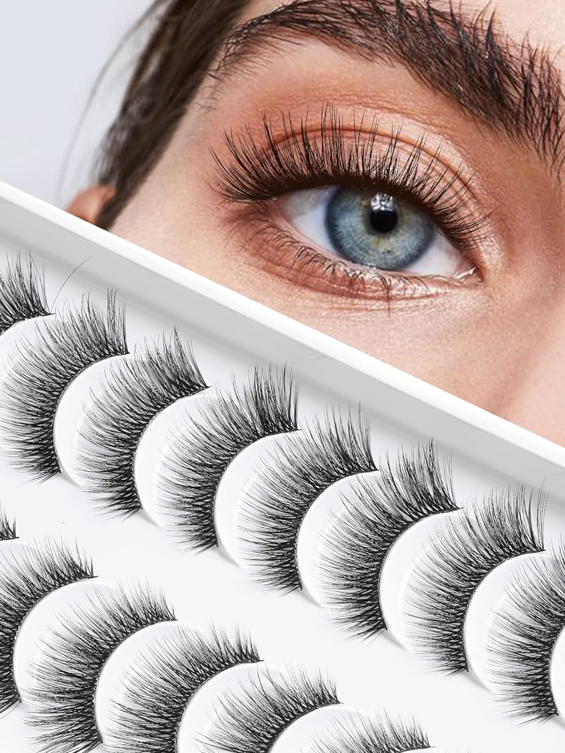False Eyelashes Cat Eye Lashes Wispy 15mm Strip Eyelashes Thin Band Natural Lashes Fluffy Eyelashes Siligli Lashes Pack Fake Lashes 3D Volume Curly Eyelash 10 Pair