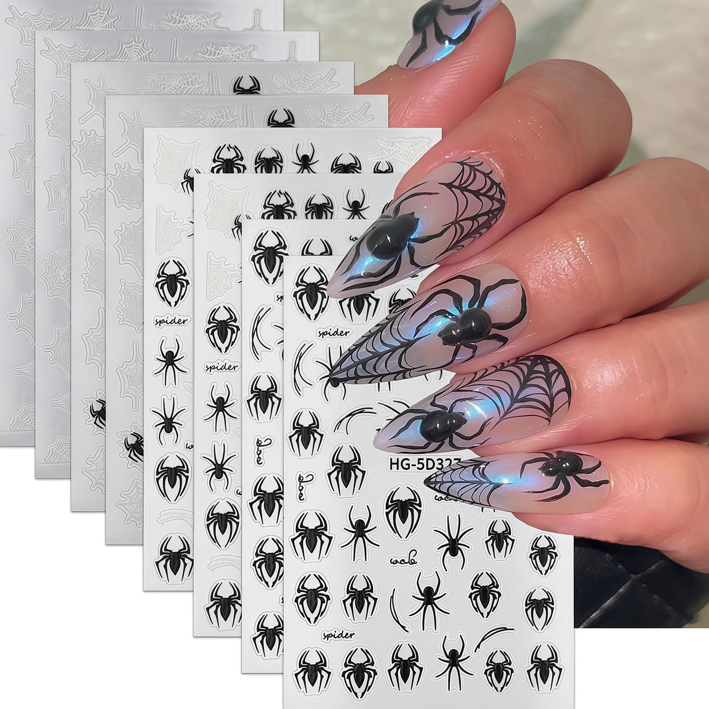 8 Sheets Halloween Nail Art Stickers Spider Nail Decals 3D Self-Adhesive Black and White Spider Web Spiders Nail Sticker Halloween Holiday DIY Salon Manicure Decoration Stickers for Women