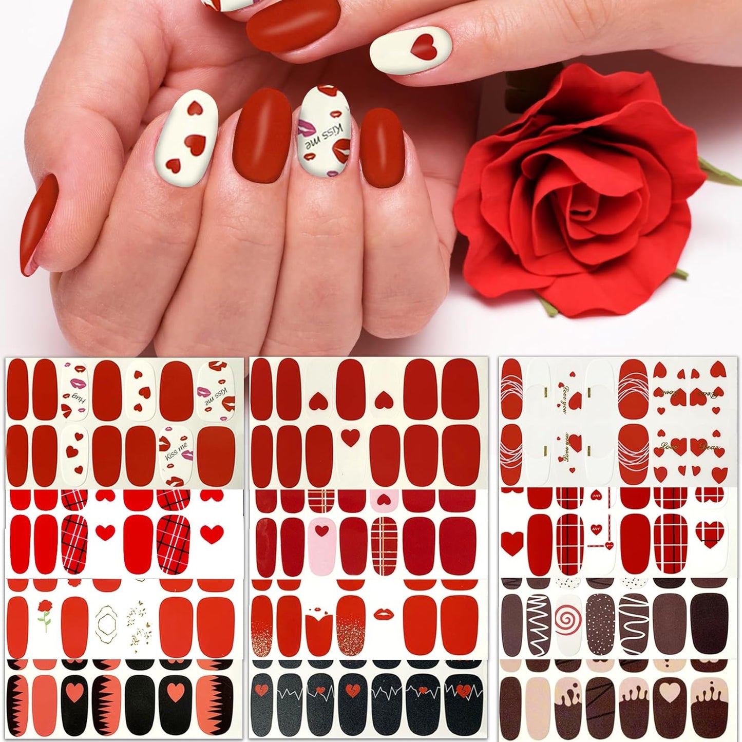 TailaiMei 12 Sheets Valentine's Day Nail Wraps Adhesive Nail Art Stickers Full Wraps Strips with 2 Pcs Nail Files for DIY Nail Decals (Heart Style)