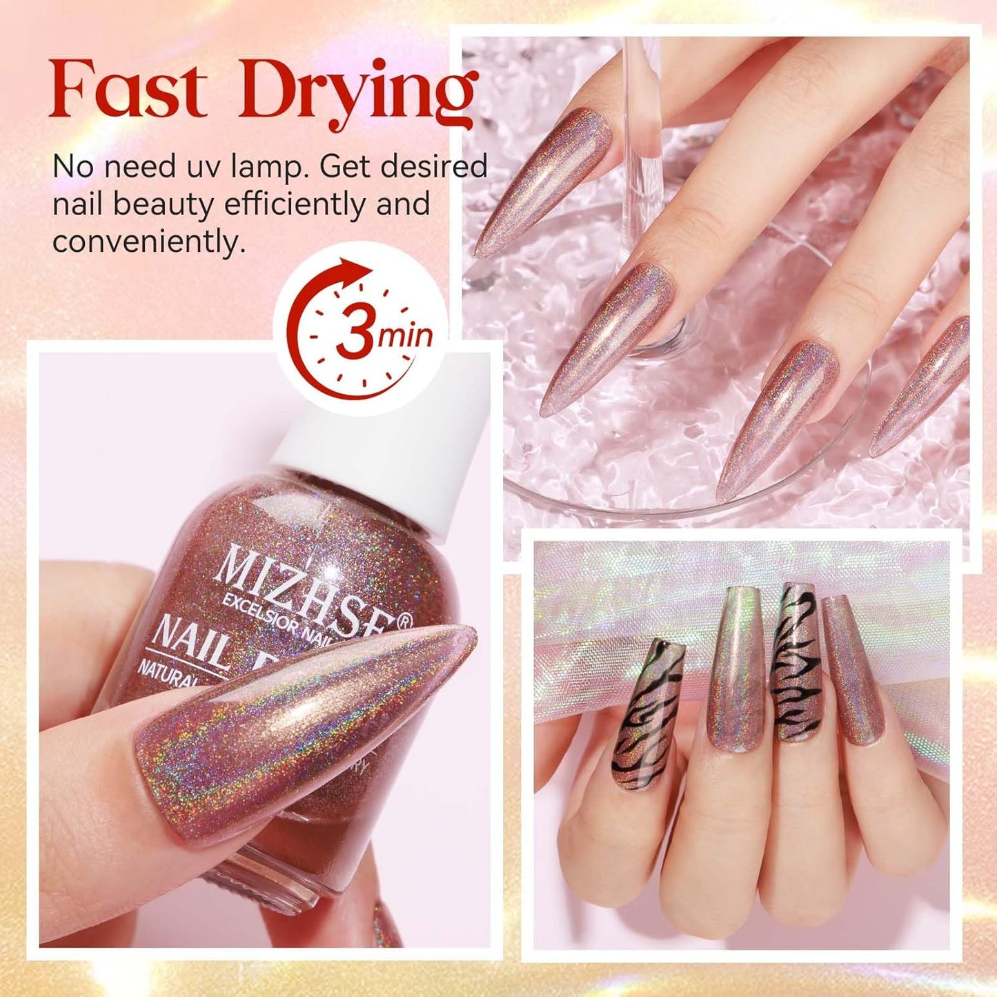 MIZHSE Holographic Nail Polish, Brown Glitter Nail Polish Air Dry Fast, 15 ml Fall Color High Glossy Shimmery Nail Pigment Oil-based Laser Iridescent Chrome Nail Art Salon Manicure Home